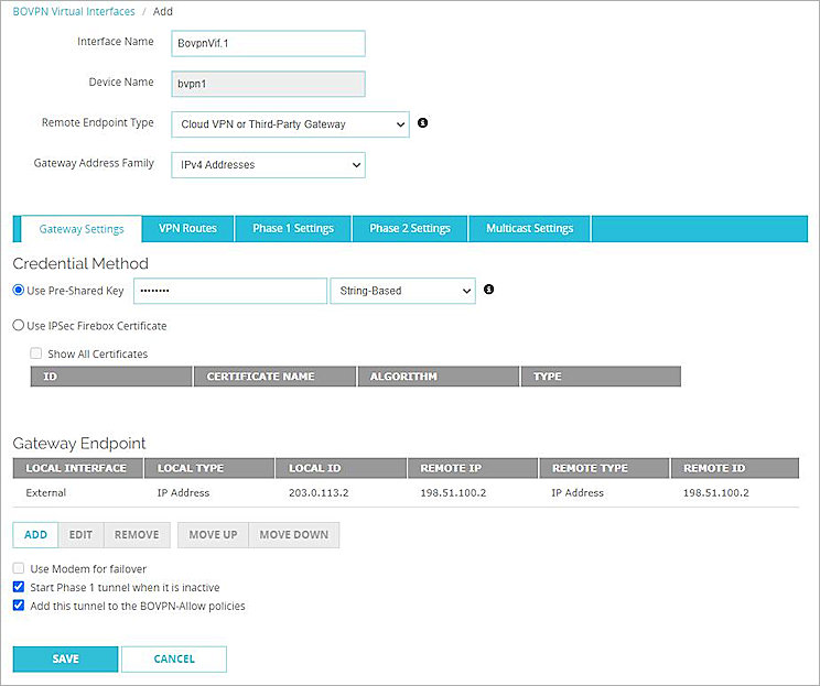 Screen shot of the completed Gateway settings
